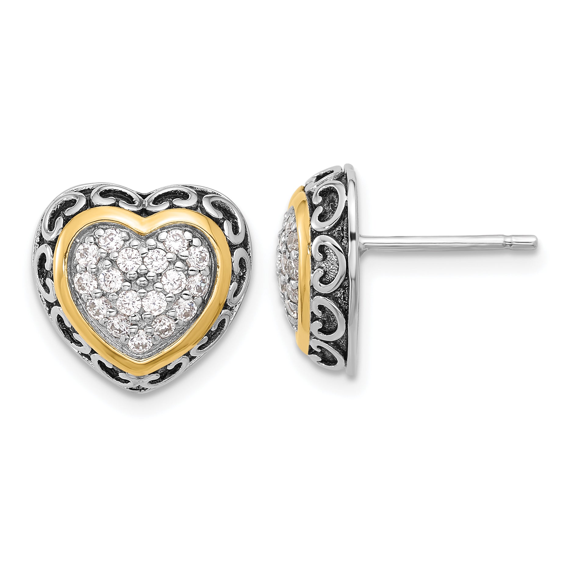 Sterling Silver Rh-plated w/14k accent CZ Cluster Heart Post Earrings