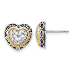Sterling Silver Rh-plated w/14k accent CZ Cluster Heart Post Earrings