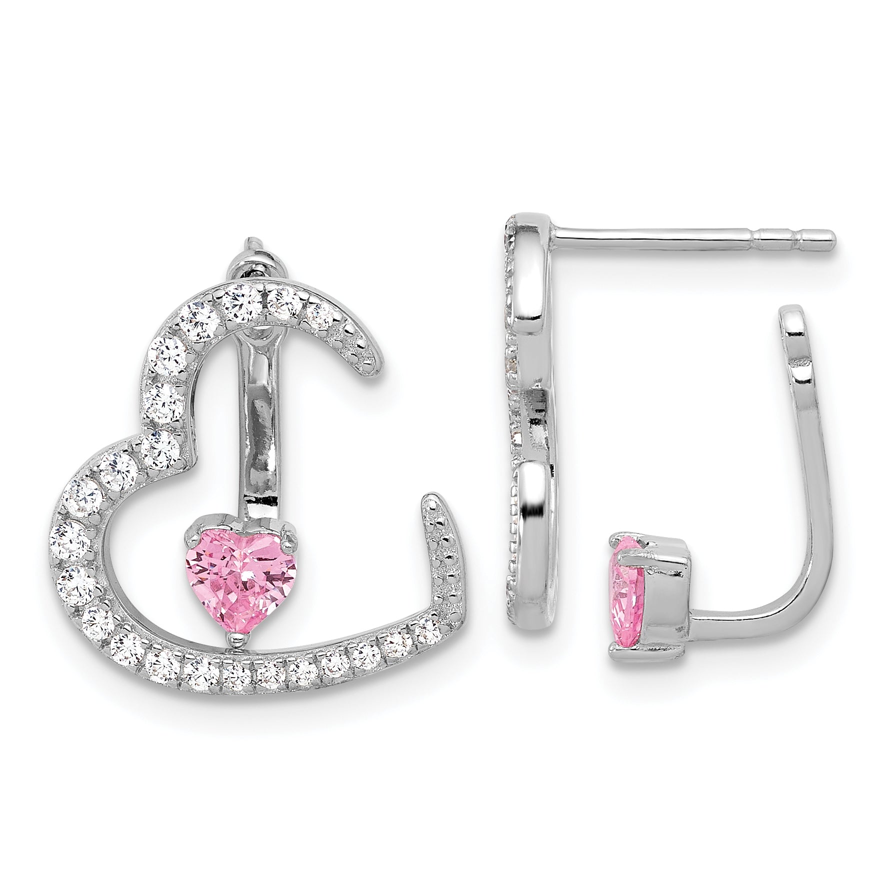 Sterling Silver Rh-plated White and Pink CZ Heart w/ Jacket Post Earrings