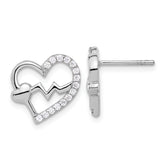 Sterling Silver Rhodium-plated Polished CZ Heartbeat Heart Post Earrings