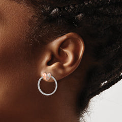 Sterling Silver Rhodium-Plated Rose-tone CZ Heart and Open Circle Post Earrings