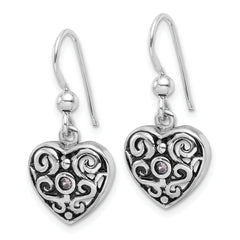 Sterling Silver Rhodium-Plated Antiqued Pink CZ Filigree Heart Dangle Earrings