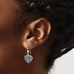 Sterling Silver Rhodium-Plated Antiqued Pink CZ Filigree Heart Dangle Earrings