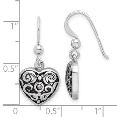 Sterling Silver Rhodium-Plated Antiqued Pink CZ Filigree Heart Dangle Earrings