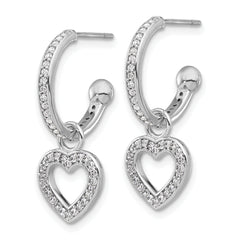 Sterling Silver Rhod-plated Polished CZ Dangle Heart Hoop Post Earrings
