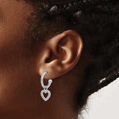 Sterling Silver Rhod-plated Polished CZ Dangle Heart Hoop Post Earrings