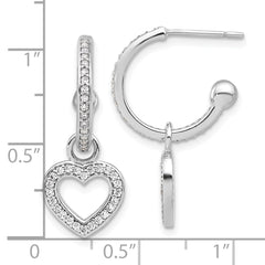 Sterling Silver Rhod-plated Polished CZ Dangle Heart Hoop Post Earrings
