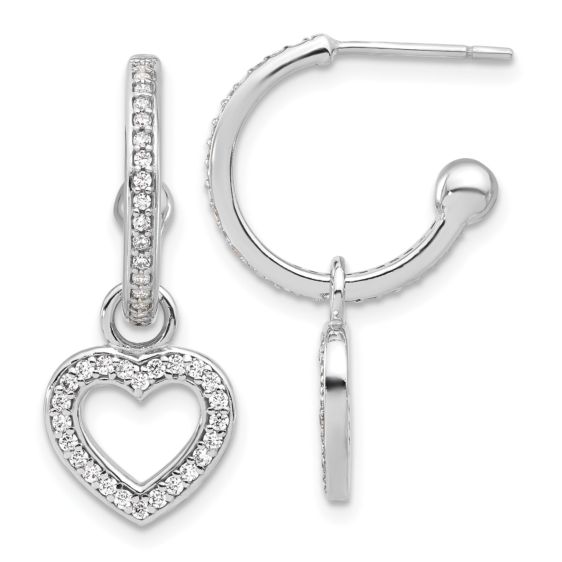 Sterling Silver Rhod-plated Polished CZ Dangle Heart Hoop Post Earrings