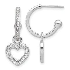 Sterling Silver Rhod-plated Polished CZ Dangle Heart Hoop Post Earrings