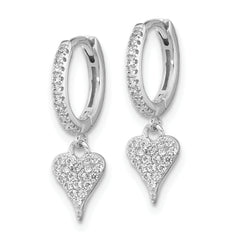Sterling Silver Rhodium-plated CZ Heart Dangle Hinged Hoop Earrings