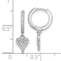 Sterling Silver Rhodium-plated CZ Heart Dangle Hinged Hoop Earrings
