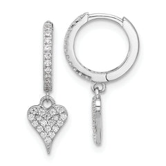 Sterling Silver Rhodium-plated CZ Heart Dangle Hinged Hoop Earrings