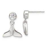 Sterling Silver Polished CZ Whale Tail Post Dangle Earrings