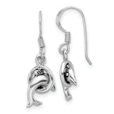 Sterling Silver Rhodium-plated Antiqued Dolphin Shepherd Hook Earrings
