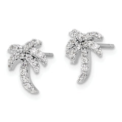 Sterling Silver Rhodium-plated CZ Palm Tree Post Earrings
