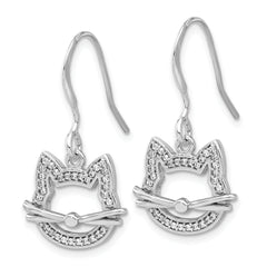 Sterling Silver Rhodium-plated CZ Cat Head Dangle Earrings