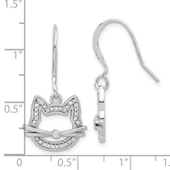 Sterling Silver Rhodium-plated CZ Cat Head Dangle Earrings
