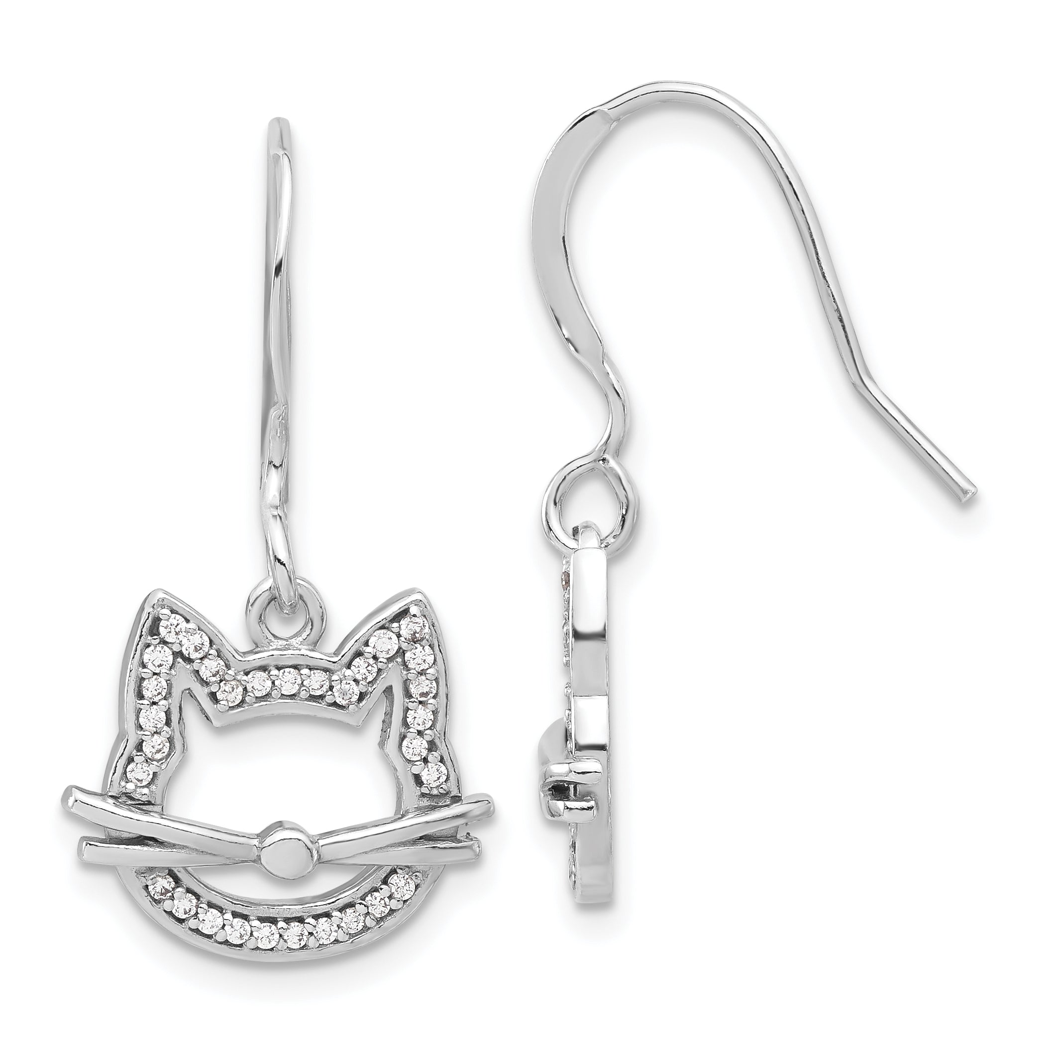 Sterling Silver Rhodium-plated CZ Cat Head Dangle Earrings