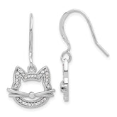 Sterling Silver Rhodium-plated CZ Cat Head Dangle Earrings