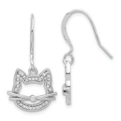 Sterling Silver Rhodium-plated CZ Cat Head Dangle Earrings