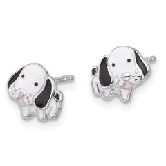 Sterling Silver Rhodium-Plated Black and White Enamel Dog Post Earrings