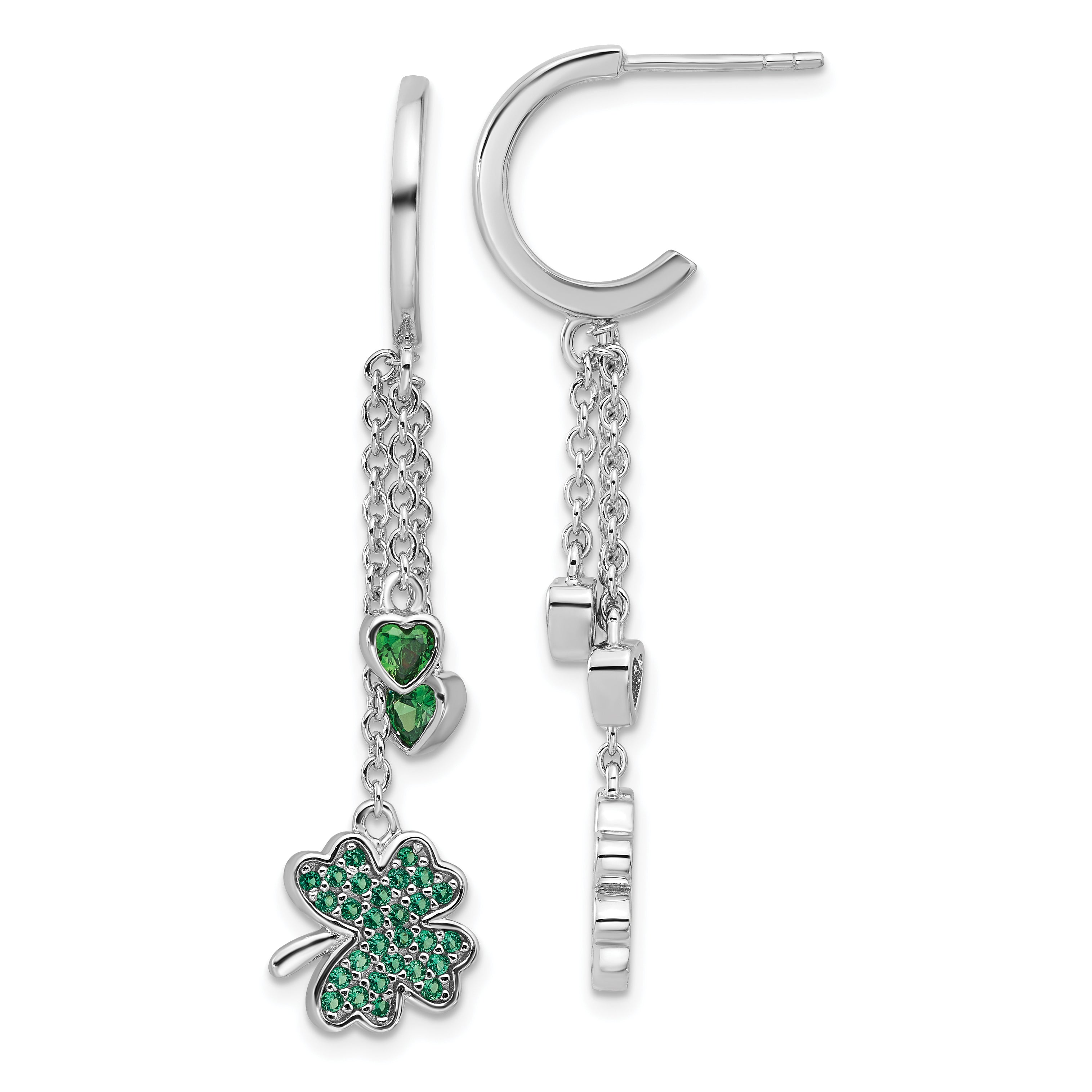 Pure Fire Sterling Silver Rhod-plated Green CZ Clover Heart Post Hoop Earri