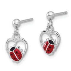 Sterling Silver Rh-plated Enameled Ladybug in Heart Post Dangle Earrings