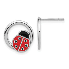 Sterling Silver Rhodium-plated Enameled Ladybug on Ring Post Earrings