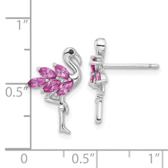 Sterling Silver Rhodium-plated Polished Pink Crystal Flamingo Post Earrings