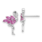 Sterling Silver Rhodium-plated Polished Pink Crystal Flamingo Post Earrings