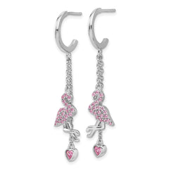 Sterling Silver Rhodium-plated Pink CZ Flamingo Heart Post Hoop Earrings