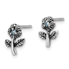 Sterling Silver Rhodium-plated Antiqued w/Blue CZ Flower Post Earrings