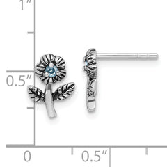Sterling Silver Rhodium-plated Antiqued w/Blue CZ Flower Post Earrings