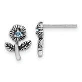 Sterling Silver Rhodium-plated Antiqued w/Blue CZ Flower Post Earrings