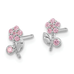 Sterling Silver Rhodium-plated Polished Pink CZ Flower Post Earrings