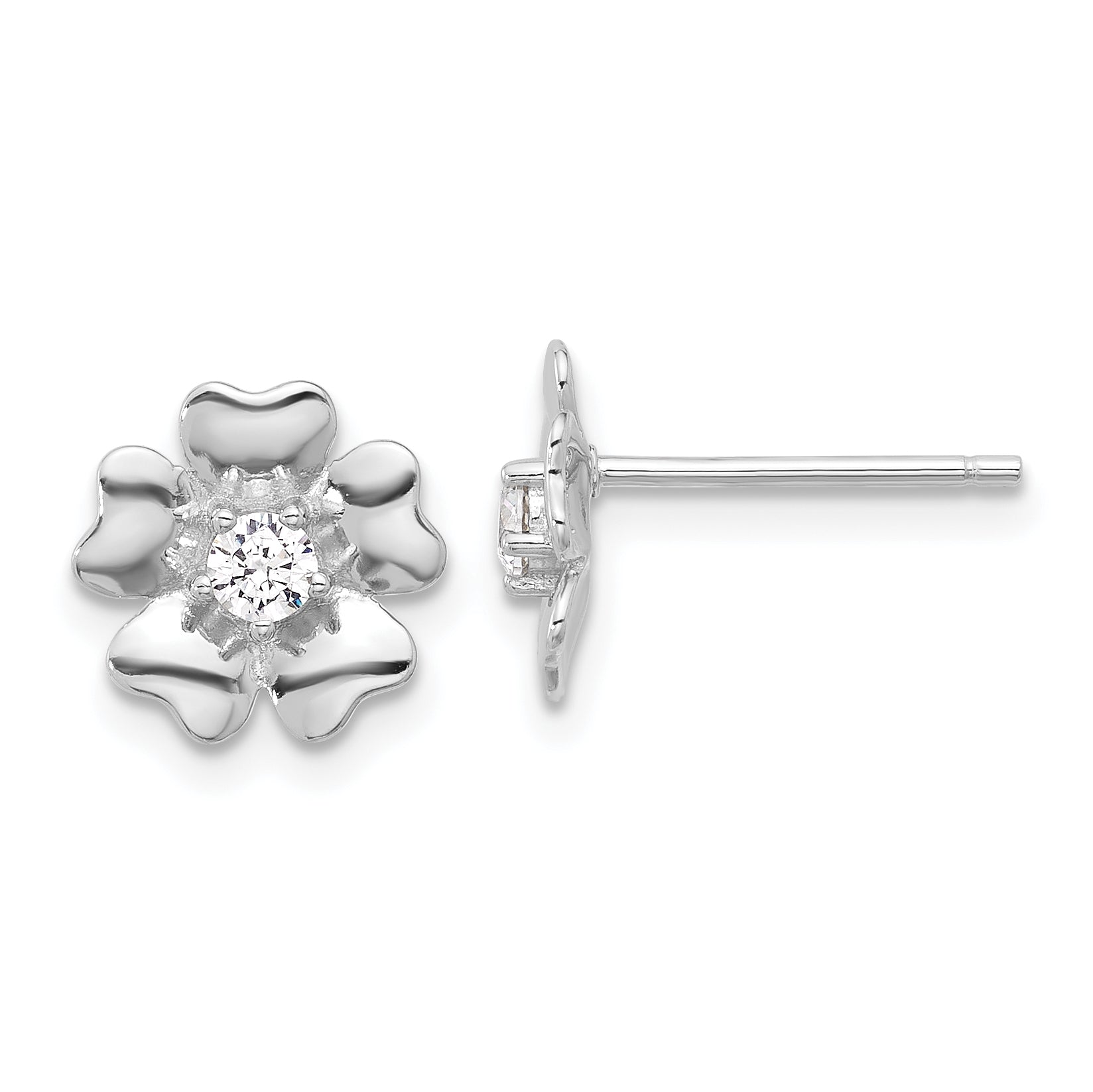 Sterling Silver Rhodium-plated CZ Flower Post Earrings