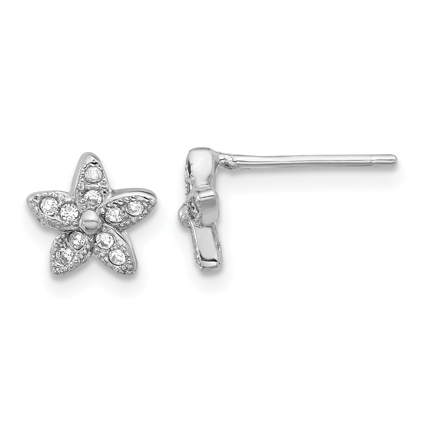 Sterling Silver Rhodium-plated CZ Flower Post Earrings