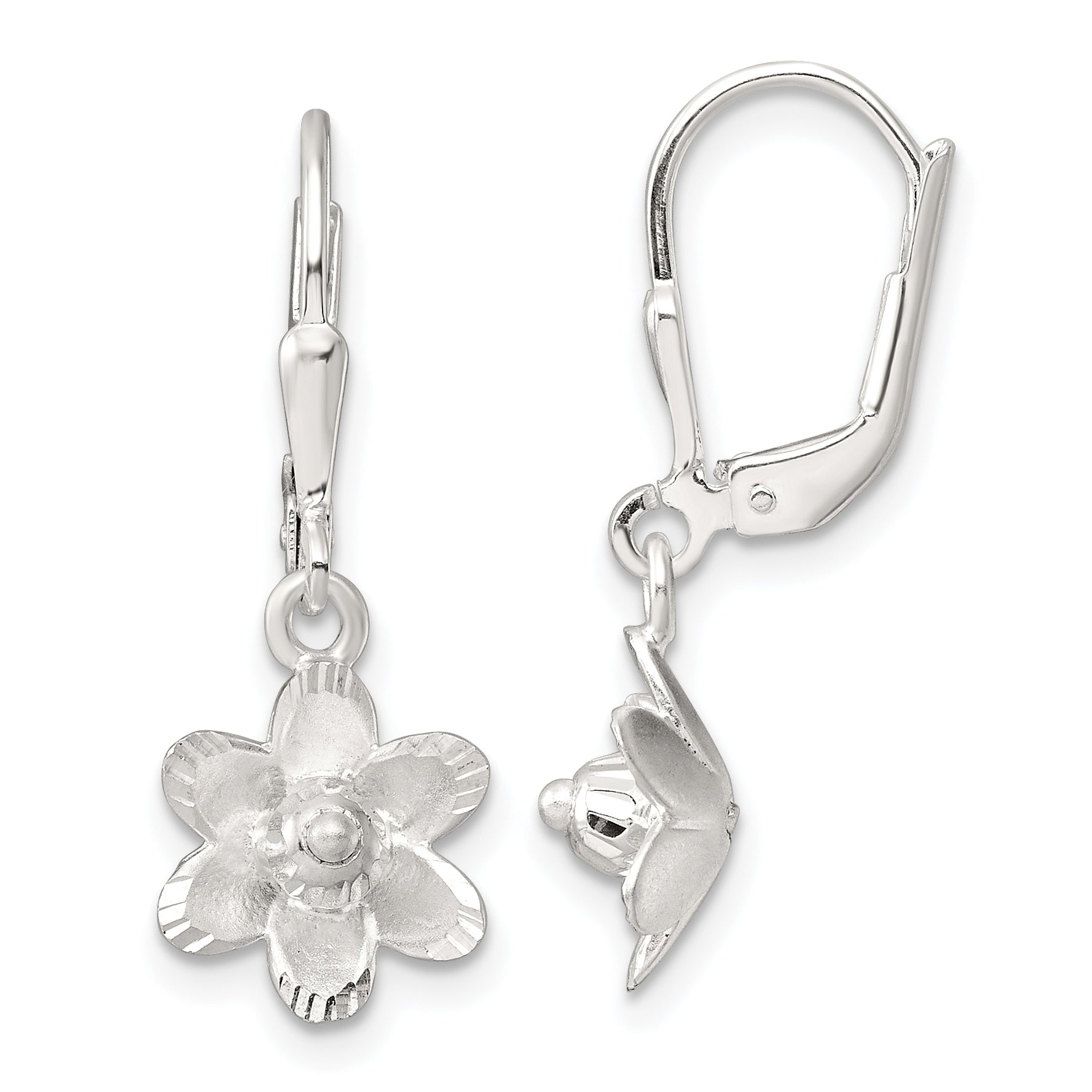 Sterling Silver Satin Polished and D/C Floral Leverback Earrings