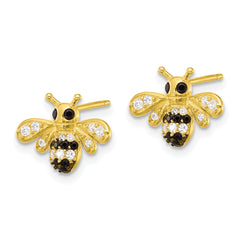 Sterling Silver Gold-tone Blk Rhod Bee with Black/White CZ Post Earrings