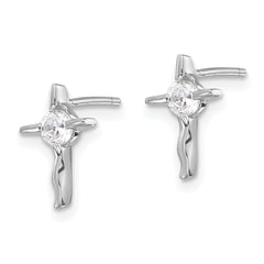 Sterling Silver Rhodium-plated Polished CZ Wavy Cross Post Earrings