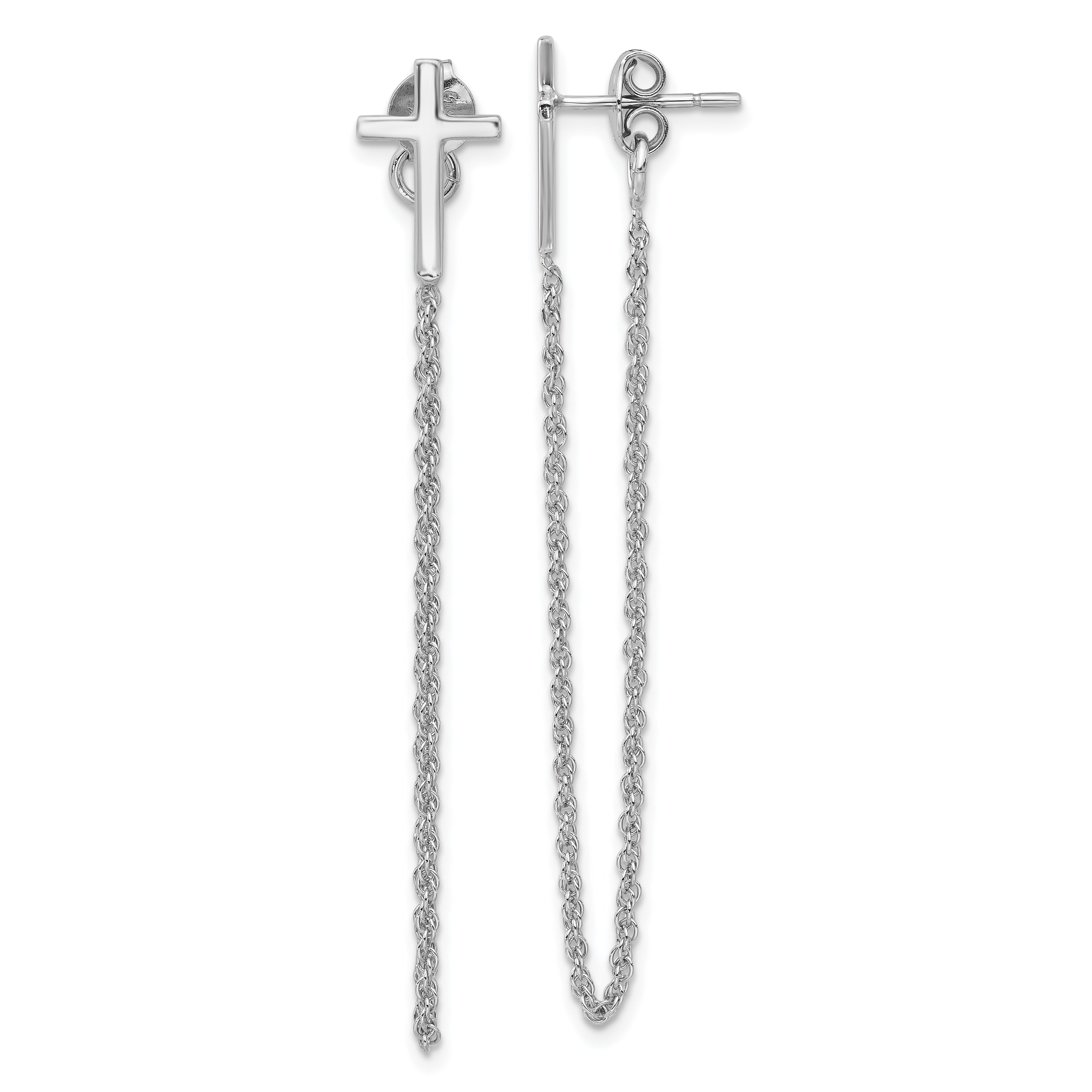 Sterling Silver Polished Cross with Chain Front & Back Post Earrings