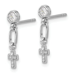 Sterling Silver RH-plated Polished & Textured CZ Cross Post Dangle Earrings