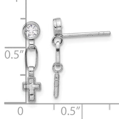 Sterling Silver RH-plated Polished & Textured CZ Cross Post Dangle Earrings