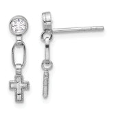 Sterling Silver RH-plated Polished & Textured CZ Cross Post Dangle Earrings