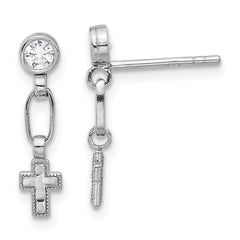 Sterling Silver RH-plated Polished & Textured CZ Cross Post Dangle Earrings