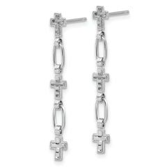 Sterling Silver RH-plated Polished & Textured Cross Post Dangle Earrings