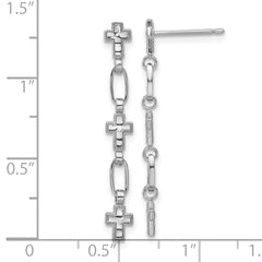 Sterling Silver RH-plated Polished & Textured Cross Post Dangle Earrings