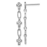 Sterling Silver RH-plated Polished & Textured Cross Post Dangle Earrings