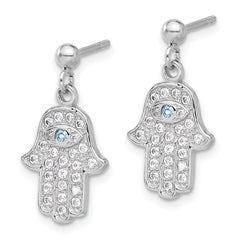 Sterling Silver RH-pltd Blue/White CZ Evil Eye Hamsa Post Dangle Earrings