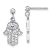 Sterling Silver RH-pltd Blue/White CZ Evil Eye Hamsa Post Dangle Earrings